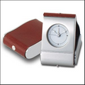 Compact Leather & Brass Alarm Clock w/ Rotary Engrave (2"x3"x3 1/2" )